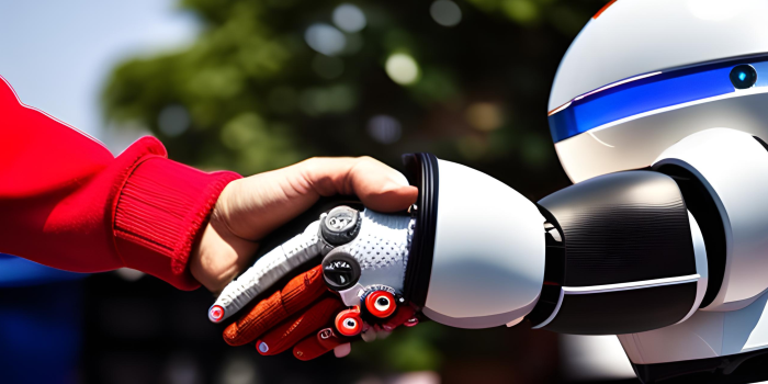 A robot shaking the hands of a human.