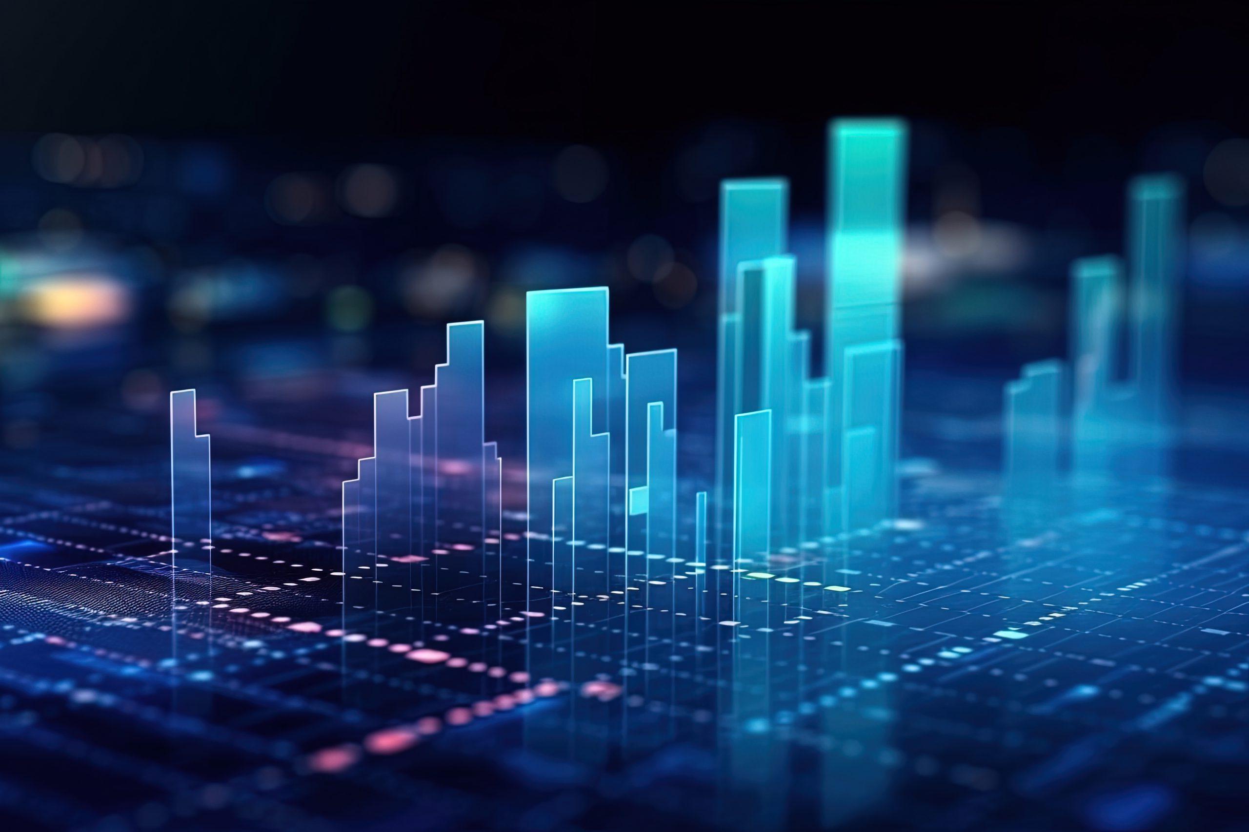 Perspective view of stock market growth, business investing and data concept with digital financial chart graphs, diagrams and indicators on dark blue blurry background